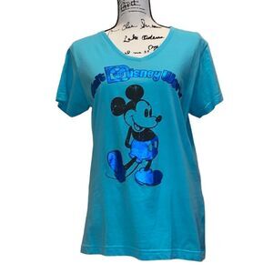 Disney World Mickey Teal V Neck Tee Shirt Size M